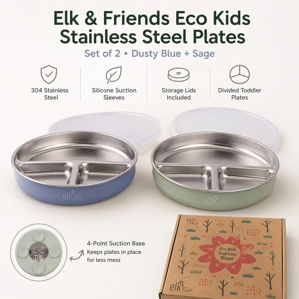 Elk & Friends Stainless Steel Divided Plates Set of 2 Blue & Sage Suction New